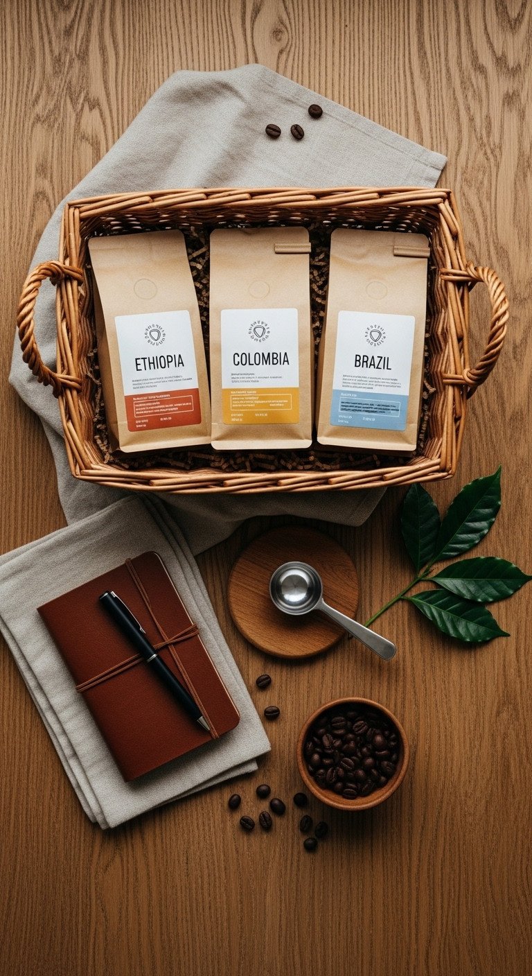 Classic coffee sampler gift basket with single origin beans tasting journal and scoop on a rustic wooden table with scattered beans