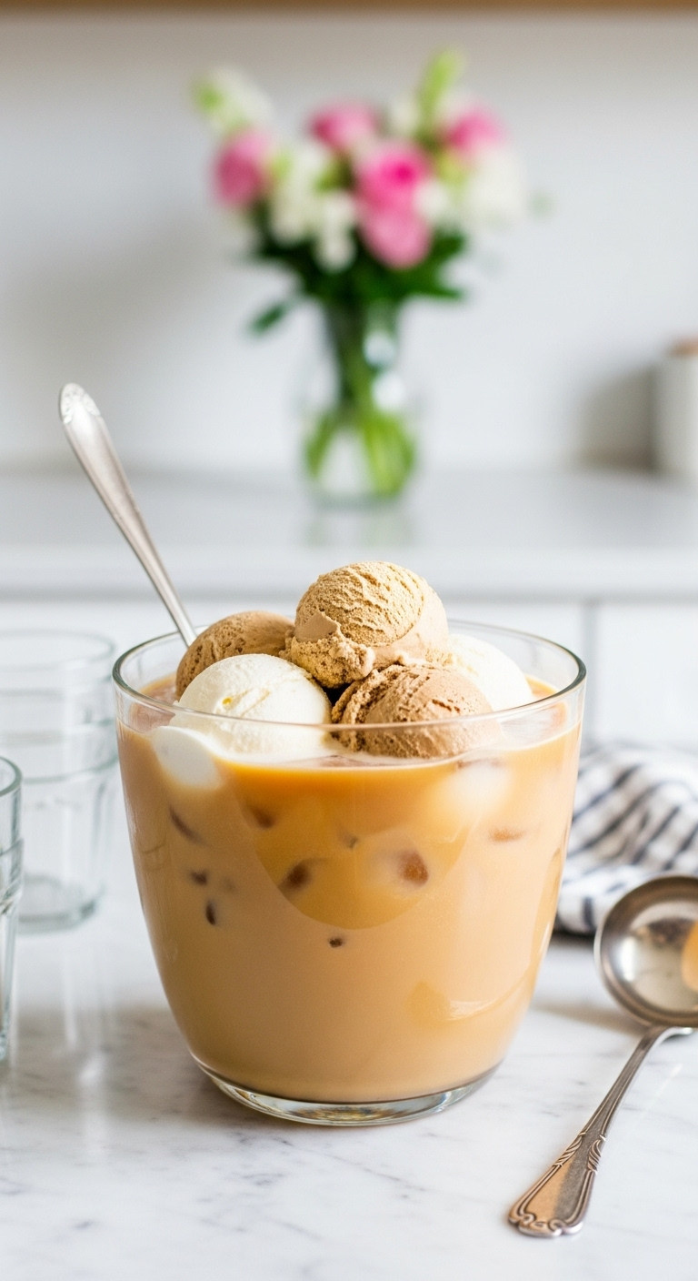 Classic cold brew coffee punch with vanilla and coffee ice cream scoops in an elegant glass bowl with a ladle and glasses on white marble