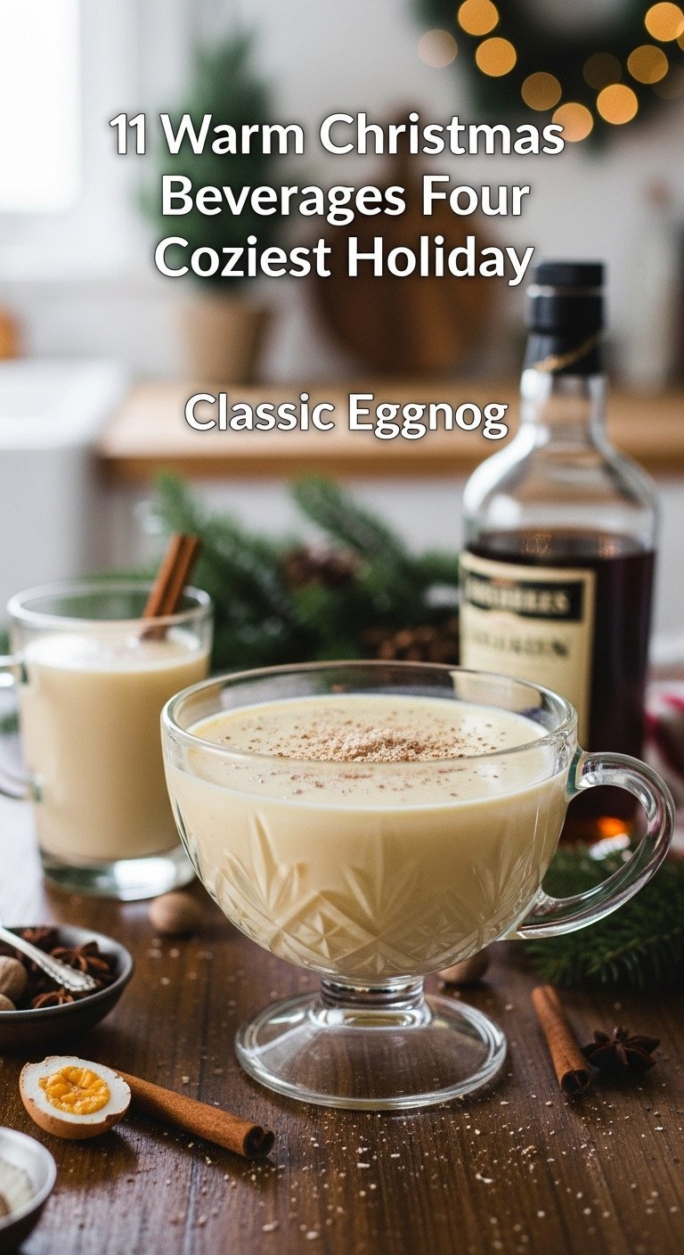 Classic creamy homemade eggnog in a vintage glass punch bowl with grated nutmeg on a rustic wooden table with subtle Christmas kitchen decor