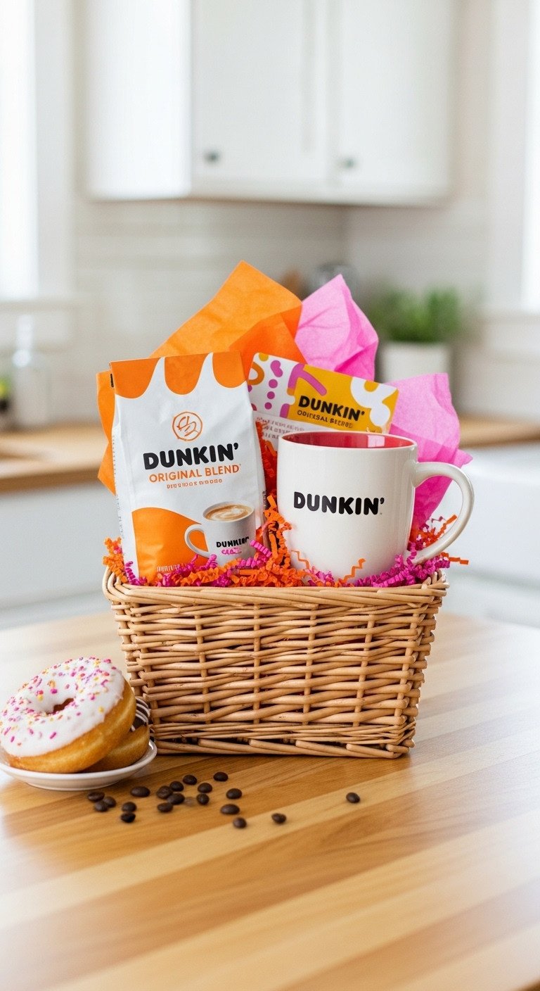 Classic fan favorite Dunkin coffee gift basket with Original Blend mug gift card crinkle paper and fresh donut