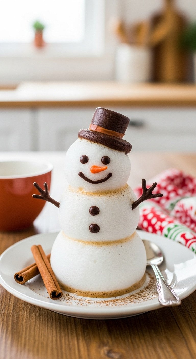 Classic foam snowman coffee art with cinnamon stick and festive napkin on a rustic wooden table with blurred kitchen background