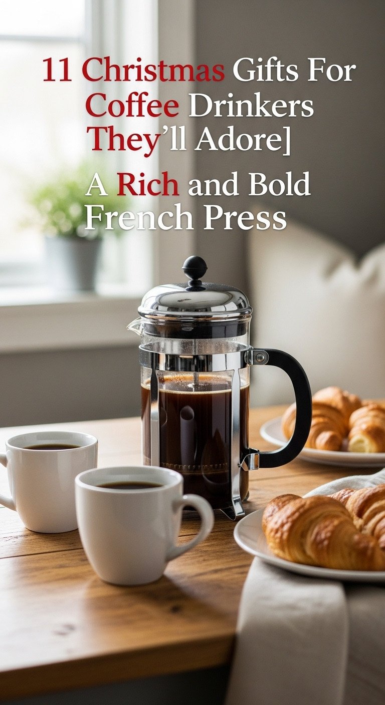 Classic glass and stainless steel Bodum French press with dark coffee mid-plunge next to two filled mugs on a rustic wooden breakfast table