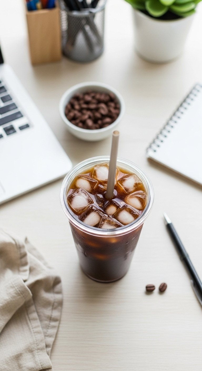 Easy Starbucks Cold Coffee Recipes That Are Never Watery 11 Classic iced coffee in a reusable tumbler with a straw on a light wood desk, surrounded by a laptop, notebook, and pen. Productivity.