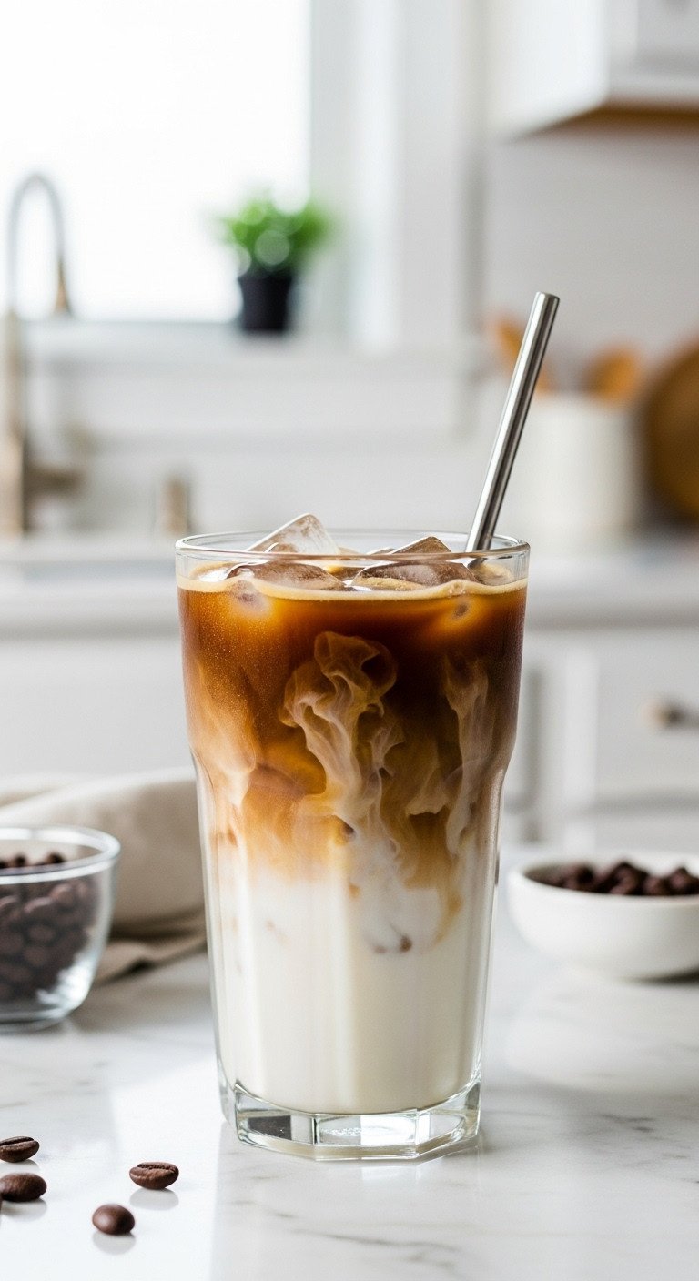 9 Effortless Cold Espresso Drinks For The Home Barista 1 Classic iced latte in a tall glass, dark espresso swirls into white milk over ice with a metal straw on marble. Coffee recipe.