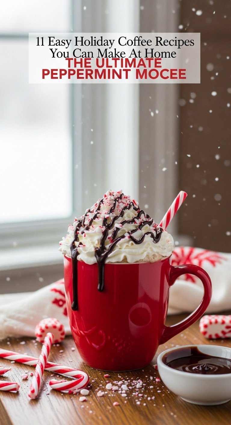 Classic peppermint mocha in a festive red mug with whipped cream, chocolate drizzle, and crushed candy canes