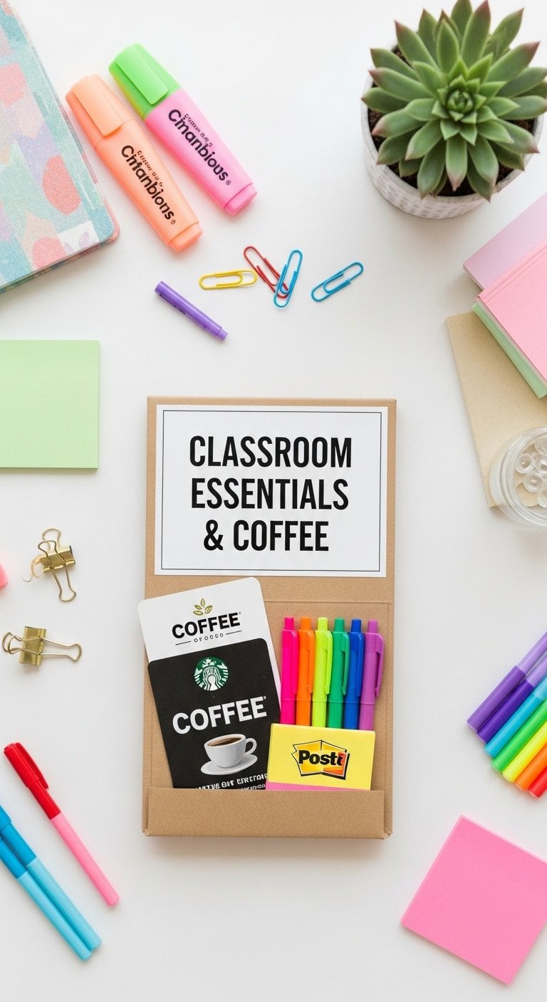 Classroom essentials and coffee gift basket for teachers with gift card pens highlighters and Post-Its on a white desk
