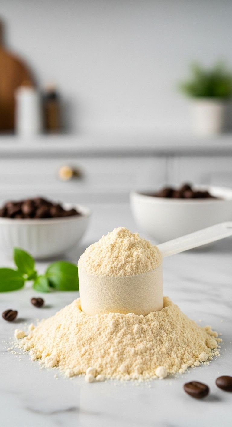 The Secret To Smooth Iced Protein Coffee That Never Clumps 1 Clean white scoop rests on silky fine vanilla whey protein isolate powder, showcasing high-quality texture on a marble counter in a bright kitchen.