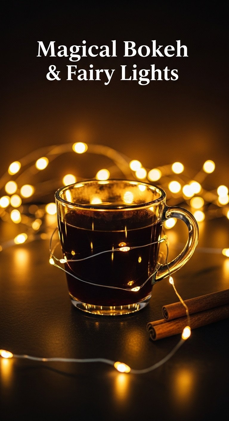 Clear glass coffee mug with warm fairy lights creating magical bokeh on a dark surface. Dreamy holiday coffee.