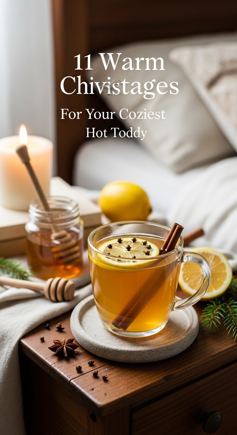 Clear glass mug of Hot Toddy with lemon wheel and cinnamon stick on a rustic wooden bedside table in a cozy bedroom