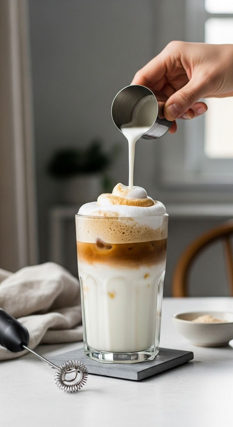 7 Fun And Easy Cold Coffee Recipes Your Kids Will Love 3 Clear glass of iced milk with fluffy whipped decaf Dalgona coffee, showing distinct layers, next to a frother on a slate coaster.