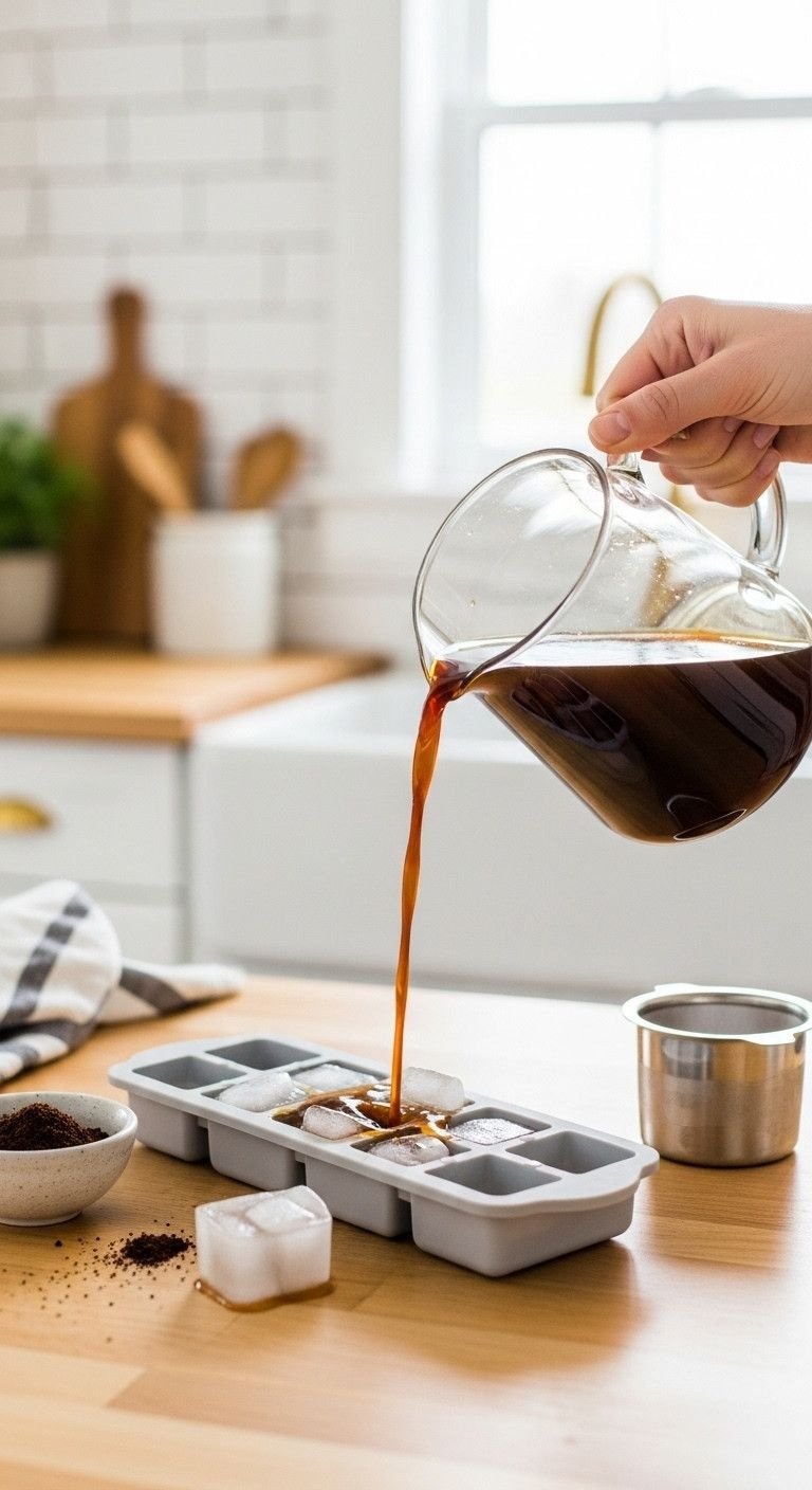 Clear glass pitcher pouring dark cold brew coffee into a gray silicone ice cube tray on light wood with grounds. Bright kitchen.