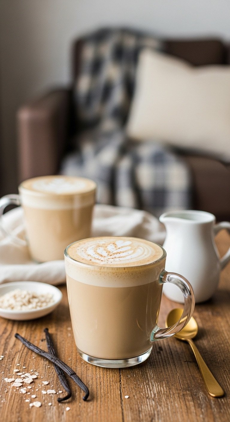 9 Delicious Healthy Iced Coffee Recipes To Make At Home 7 Clear mug of vegan vanilla latte with frothed oat milk, vanilla bean, oat milk pitcher, wood table. Cozy plant-based recipe.
