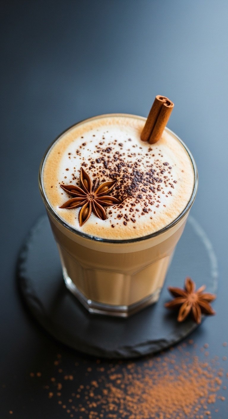 13 Cozy Pumpkin Coffee Aesthetic Ideas for Fall Vibes 13 Close up of a latte with star anise and cocoa powder on a dark slate coaster