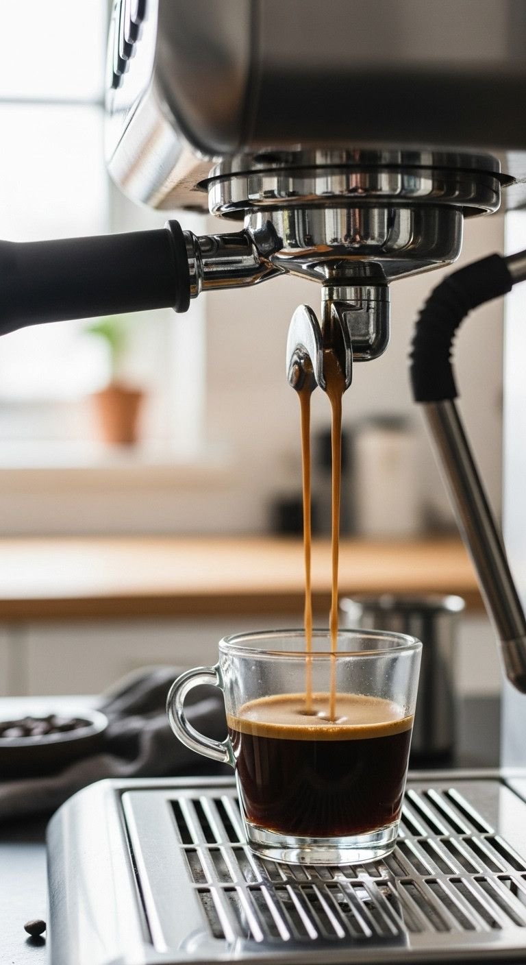 A Simple Method For The Perfect Iced Mocha Every Time 1 Close-up of a rich espresso shot with thick hazelnut crema pouring into a glass cup. Freshly brewed coffee, barista style.
