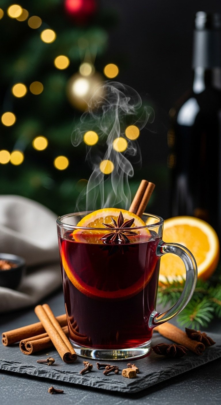 Close-up of a steaming glass mug of deep red mulled wine garnished with orange and star anise on slate by a blurred Christmas tree