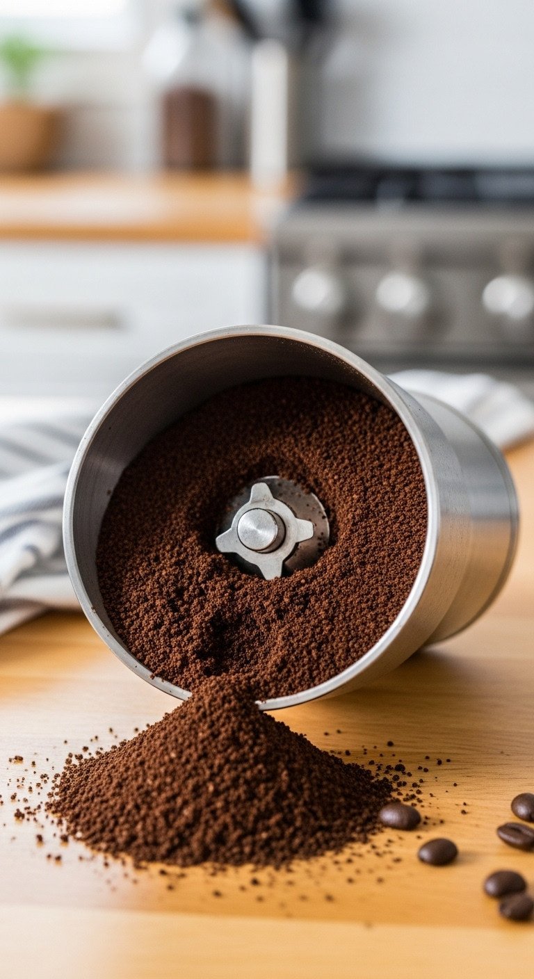 The Ultimate Mason Jar Cold Brew Guide To Avoid Mistakes 3 Close-up of coarse coffee grounds in a burr grinder's collection bin on a butcher block counter, showing texture.