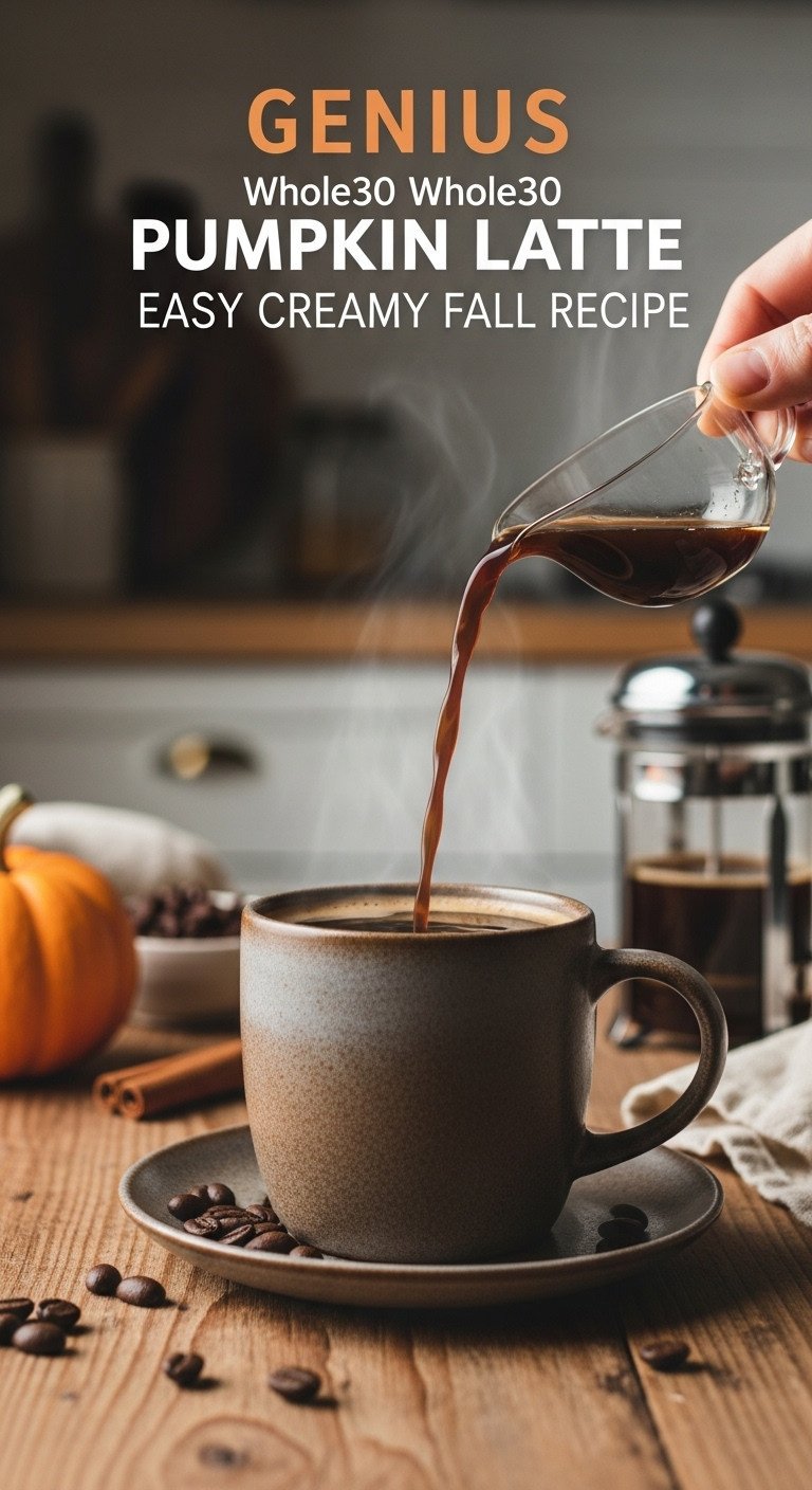 Close-up of dark brewed coffee in a rustic ceramic mug on a wooden table, with French press and coffee beans, cozy fall kitchen scene for Whole30 pumpkin latte.