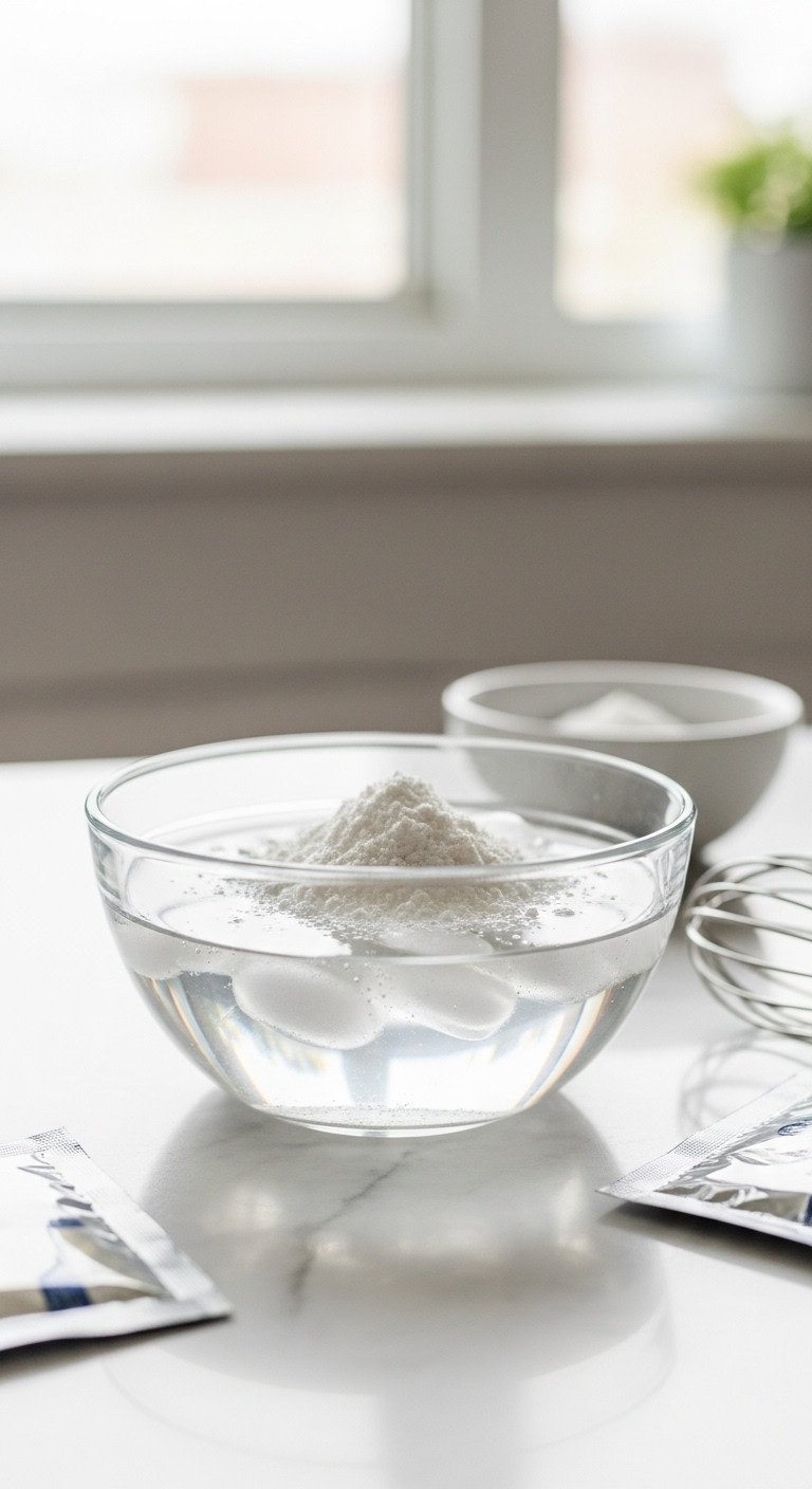 A Perfect No Fail Coffee Jelly Recipe For Beginners 1 Close-up of unflavored gelatin powder blooming in a clear glass bowl with cold water, showing hydrated granules on a marble kitchen counter with a whisk.
