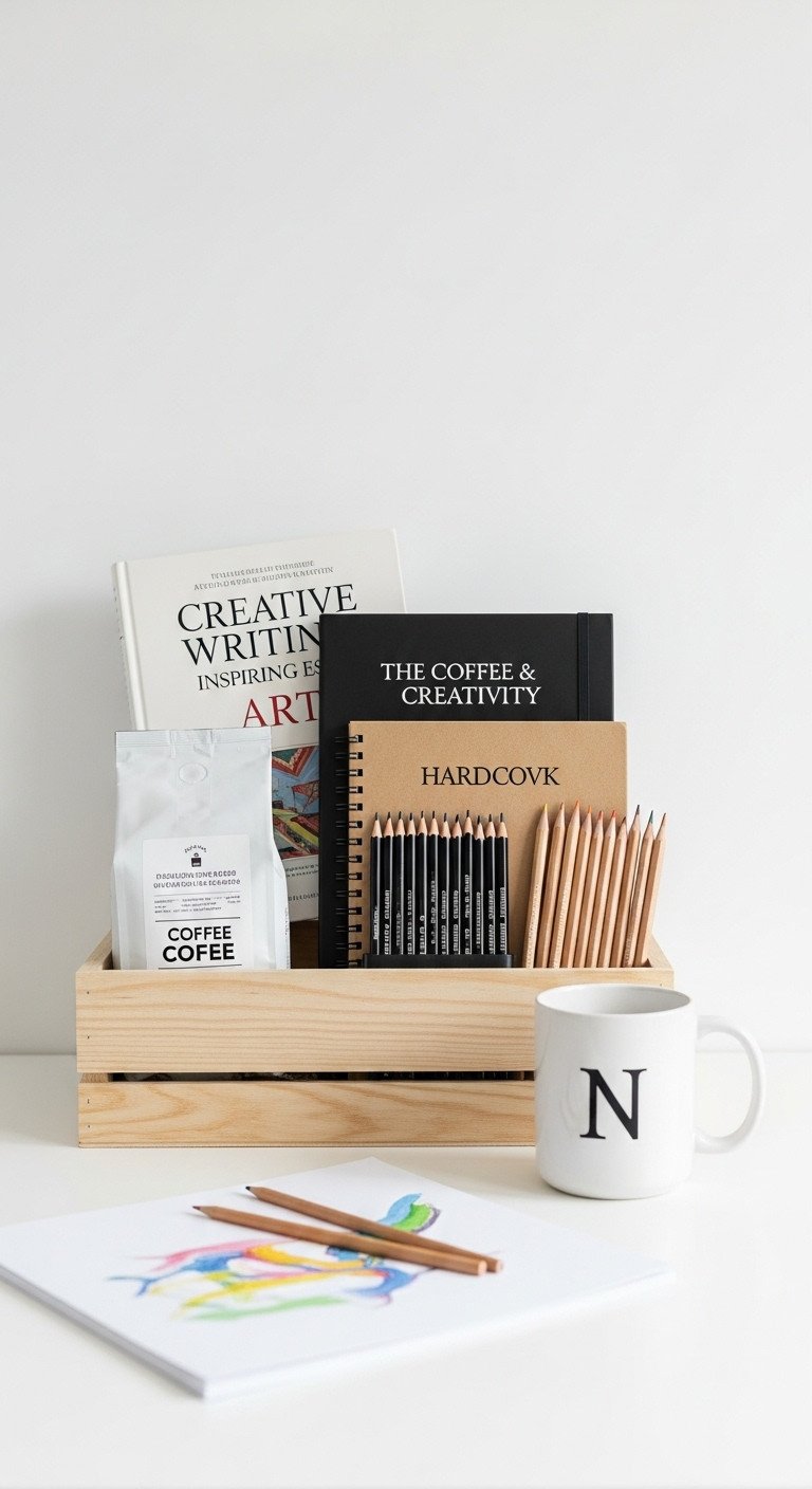 Coffee and Creativity Basket with creative writing book quality coffee sketchpad colored pencils and personalized mug in a wooden crate on a white desk