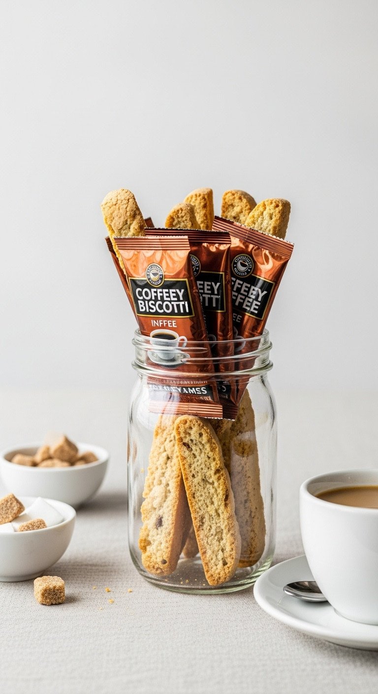 Coffee and biscotti dunking jar with instant coffee and wrapped biscotti on a linen tablecloth next to a coffee cup and sugar cubes