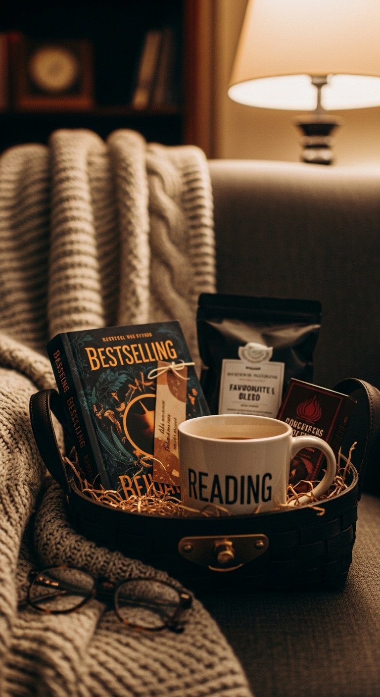 Coffee and book lover Easter basket with novel reading mug bookmark coffee blend and chocolates in a leather basket