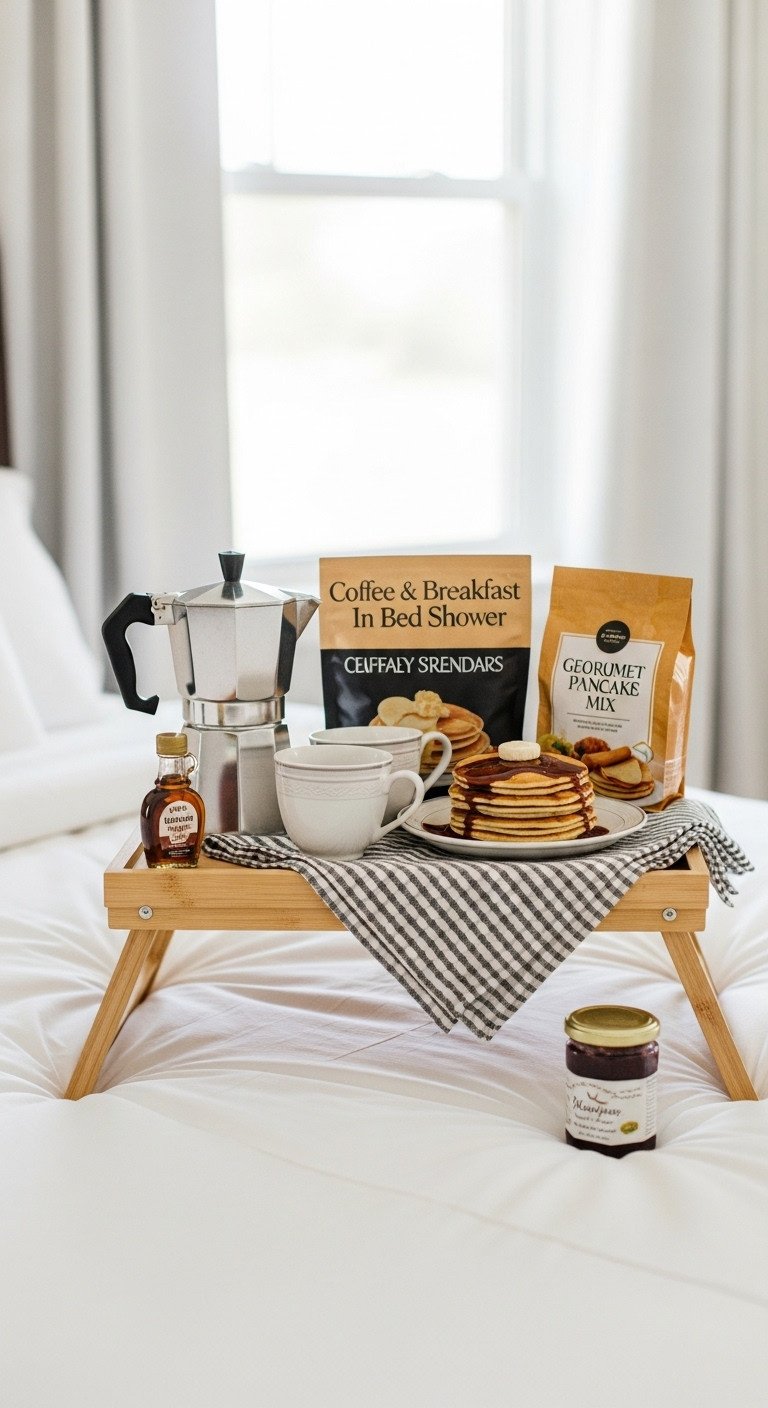 Coffee and breakfast in bed basket with coffee maker cups pancake mix and breakfast tray on a bed