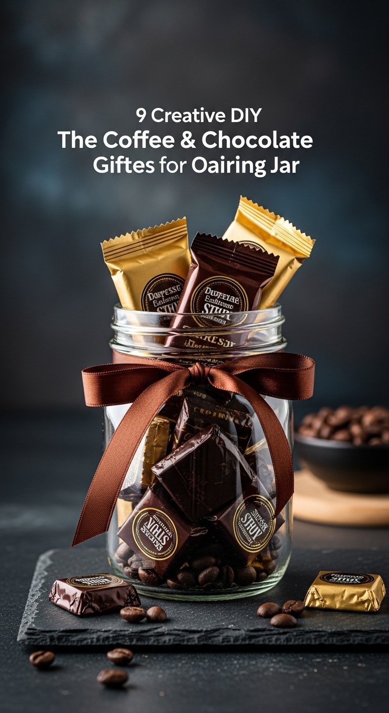 Coffee and chocolate pairing DIY mason jar gift with espresso beans and gourmet dark chocolate squares on a dark slate surface