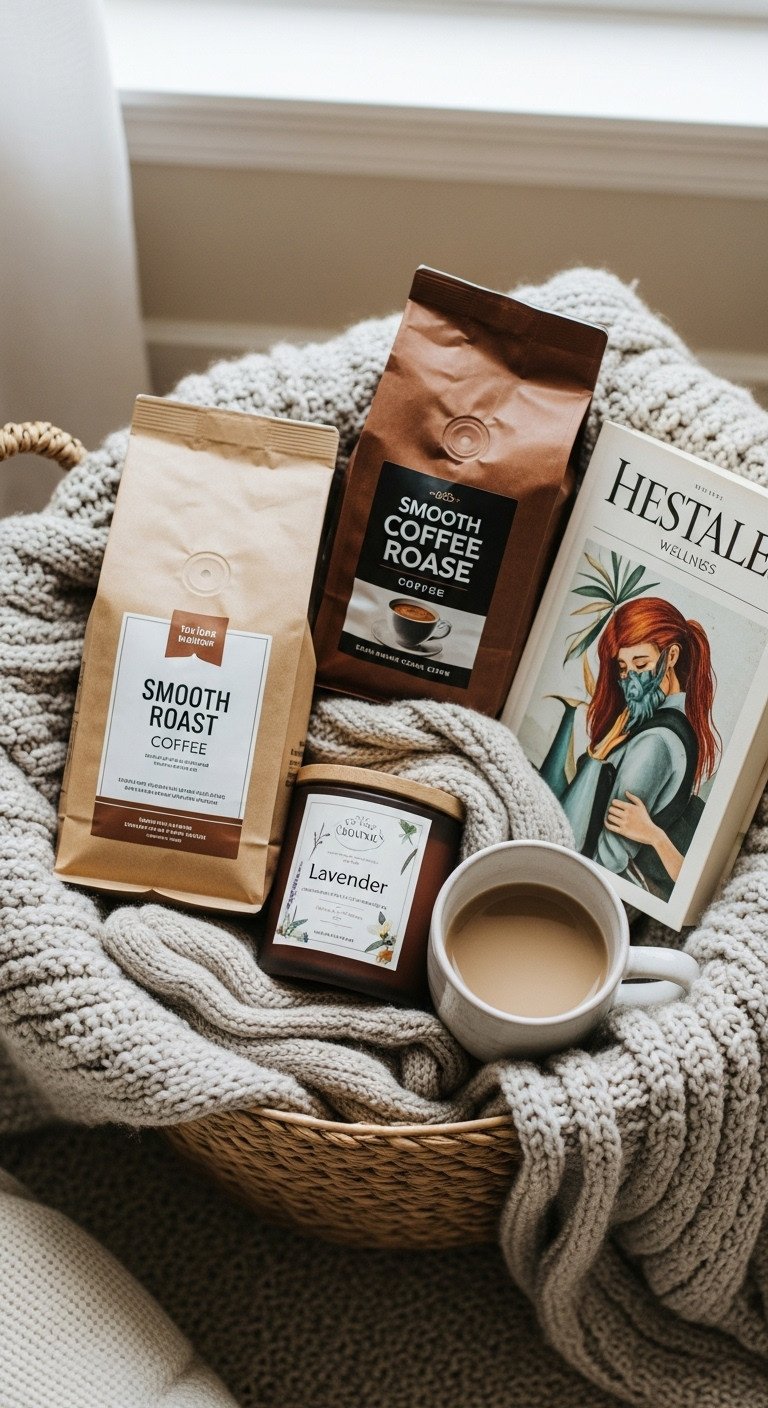 Coffee and comfort Hygge basket with medium-roast coffee scented candle paperback book knit blanket fuzzy socks and ceramic mug