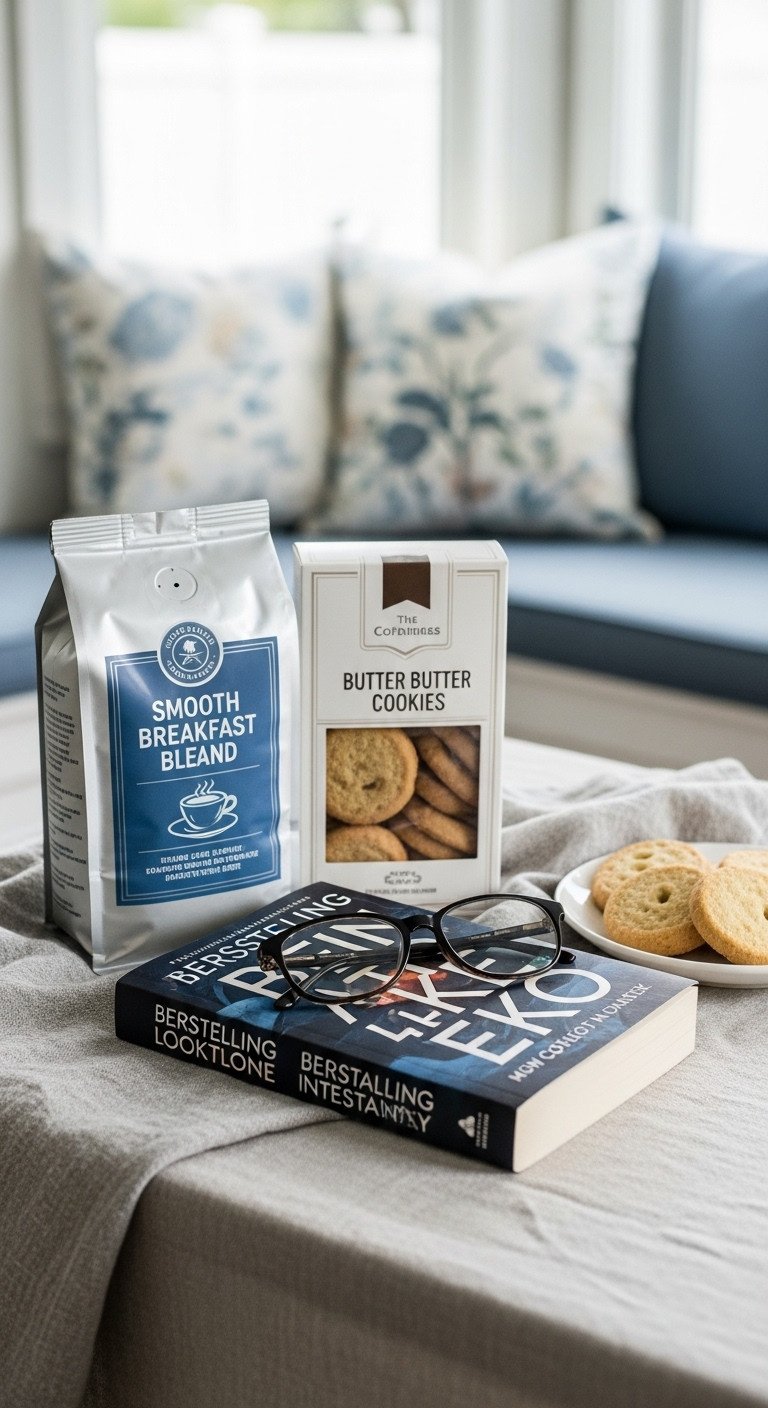Coffee and entertainment housewarming gift basket for book lovers with coffee novel bookmark and butter cookies on a linen tablecloth