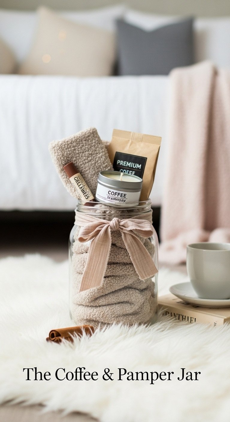 Coffee and pamper DIY mason jar gift with fuzzy socks candle lip balm and coffee bags on a white fur rug
