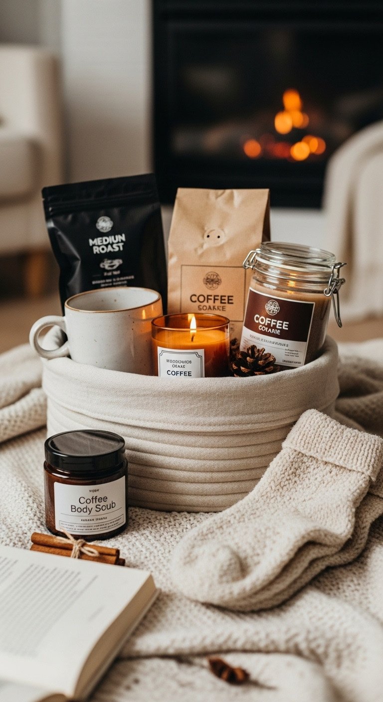 Coffee and relaxation themed gift basket with ceramic mug coffee candle body scrub and fuzzy socks on a plush blanket