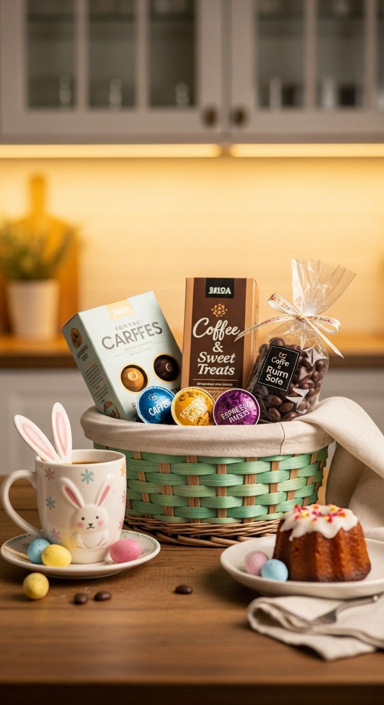 Coffee and sweet treats Easter basket with festive mug coffee pods chocolate espresso beans and decorated rum cake
