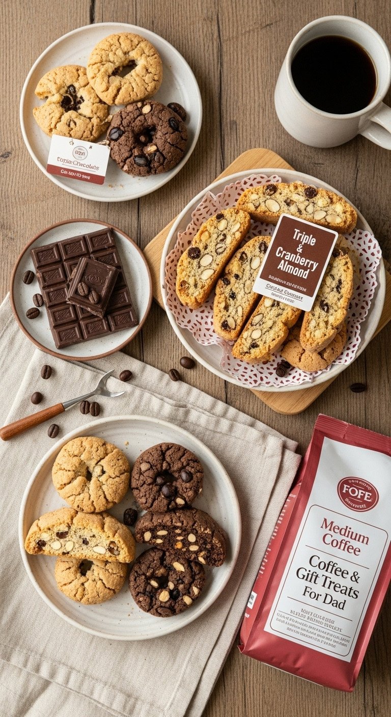 Coffee and treats gift basket for dad with gourmet biscotti medium roast coffee and dark chocolate on a rustic wooden table
