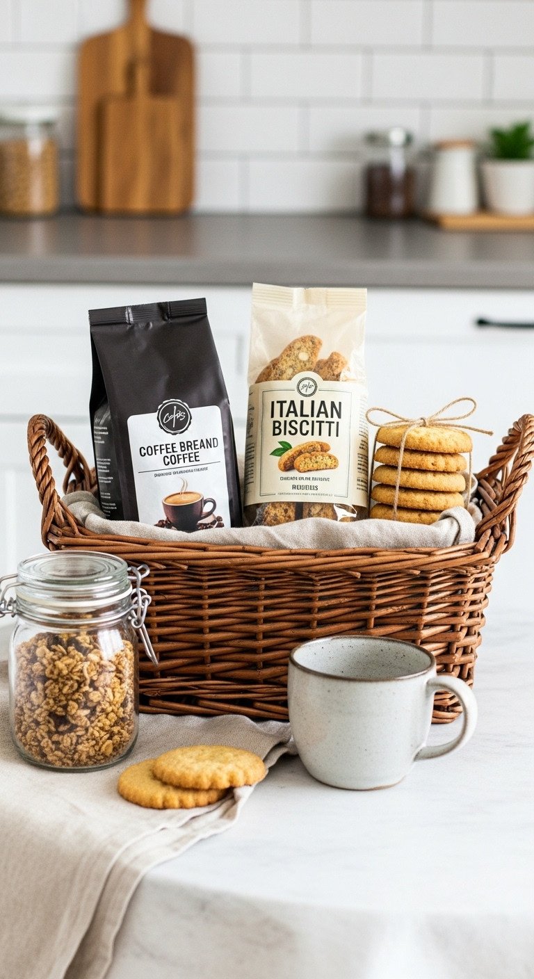 Coffee break indulgence gift basket with gourmet ground coffee Italian biscotti butter cookies granola and ceramic mug