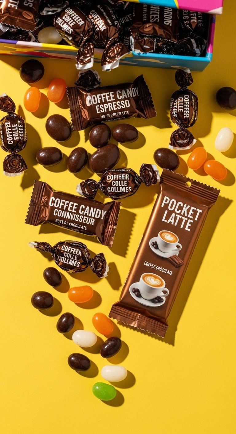 Coffee candy connoisseur birthday gift basket with chocolate espresso beans hard coffee candies coffee jelly beans and Pocket Latte bar