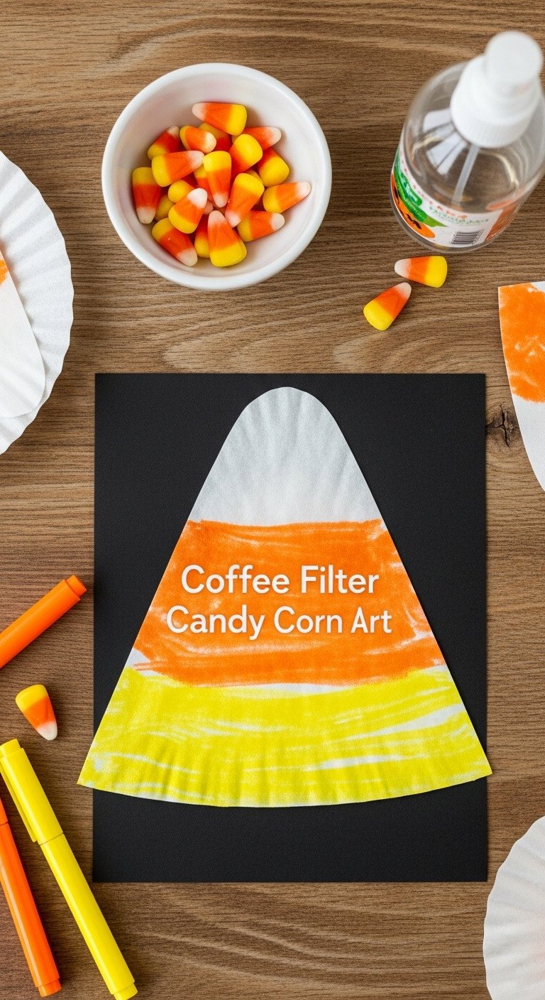 Coffee filter candy corn art on black construction paper with markers, candy corn, and spray bottle
