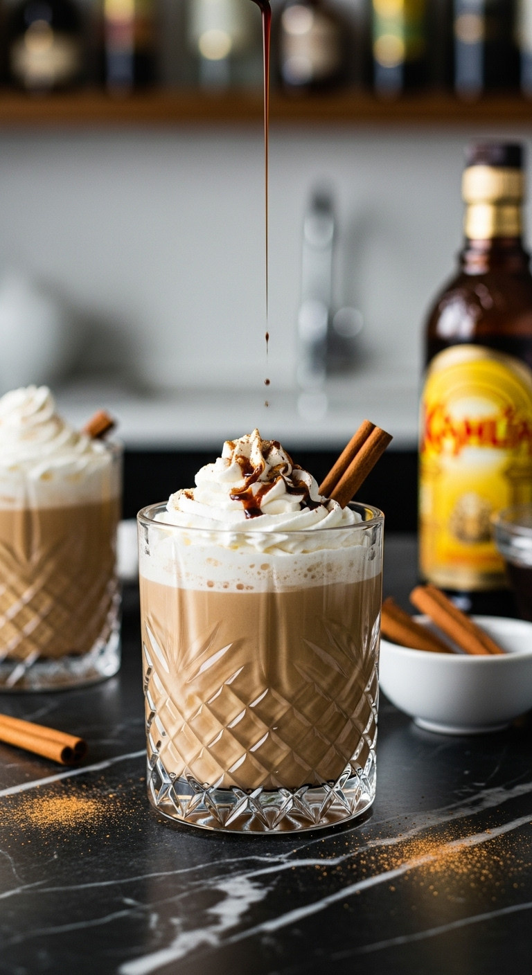 Coffee liqueur being drizzled into an elegant glass of boozy punch with whipped cream