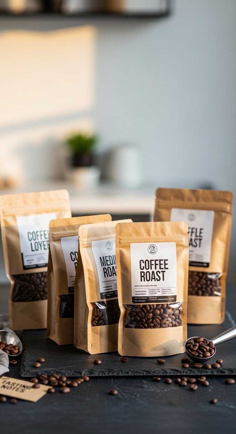 Coffee lover sampler gift basket with light medium and dark roast coffee beans on a dark slate surface