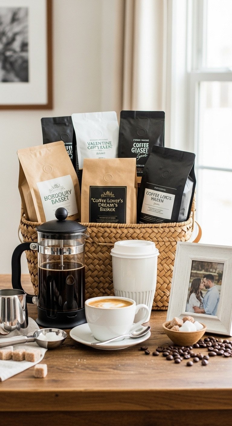 Coffee lover's dream Valentine's Day gift basket with coffee beans French press modern cup and framed picture of a couple