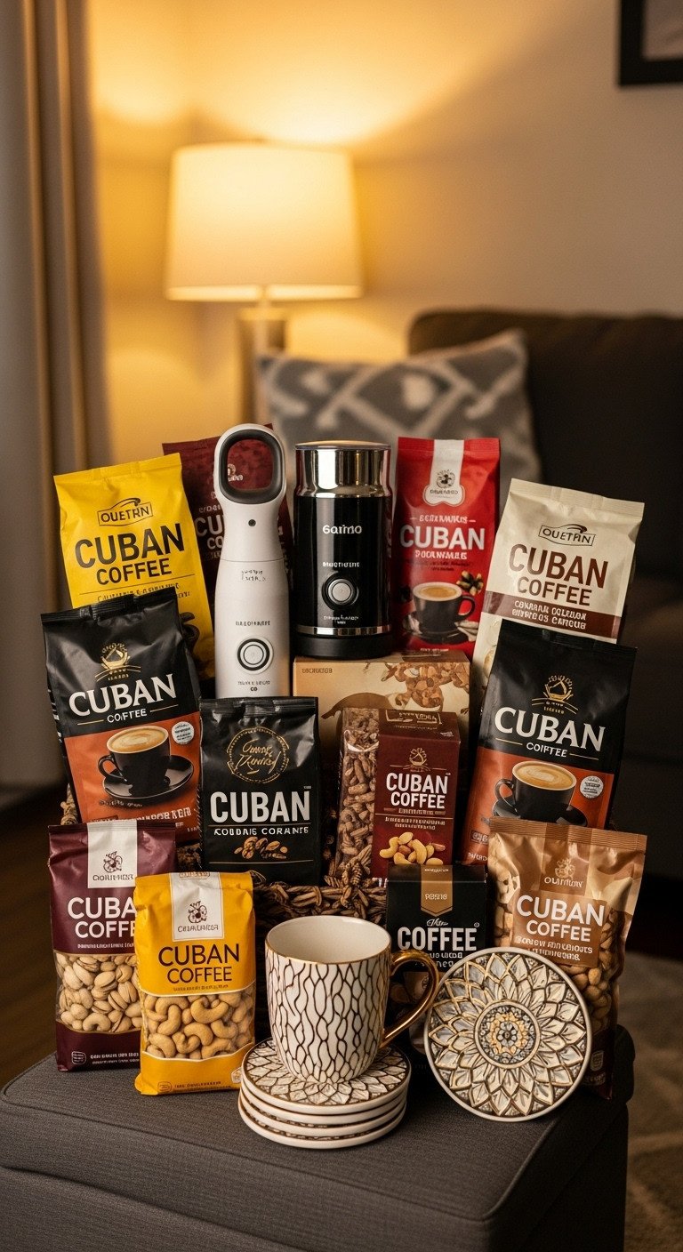 Coffee lovers indulgence Cuban gift basket with coffee bags milk frother gourmet nuts unique mug and coasters
