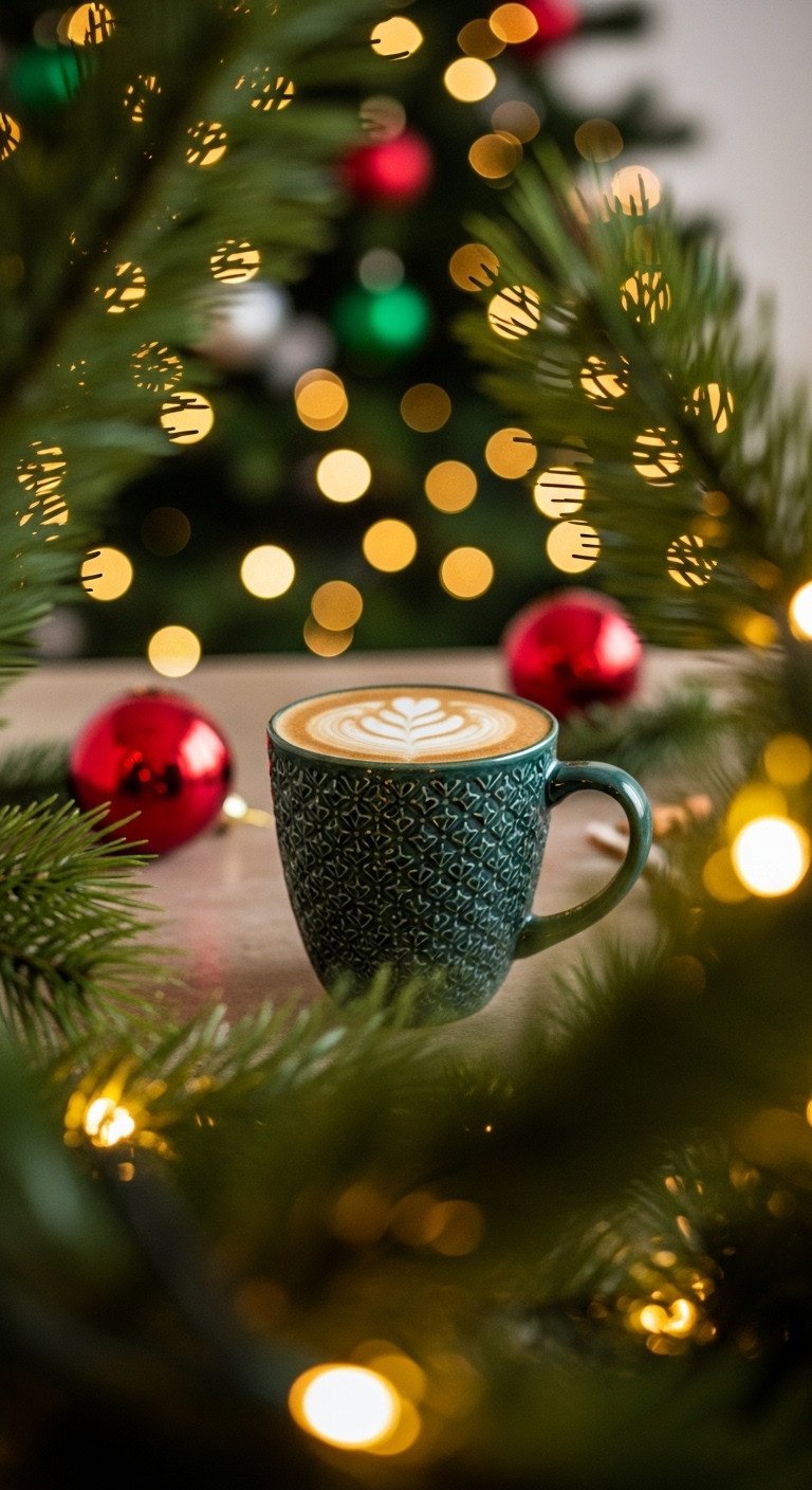 Coffee mug framed by softly blurred Christmas tree branches with festive lights and ornaments in a cozy atmosphere
