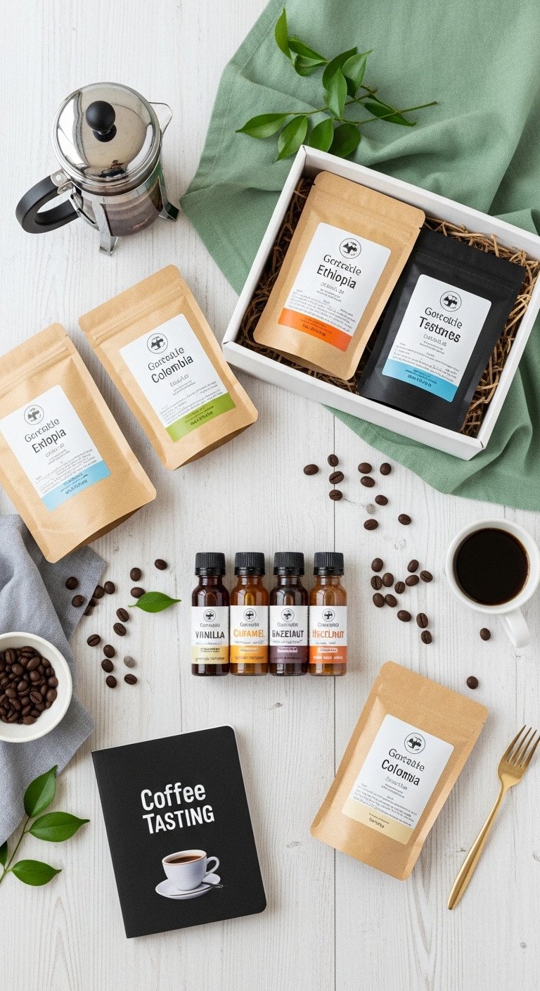 Coffee sampler gift basket with various coffee bean bags syrup variety pack and tasting journal