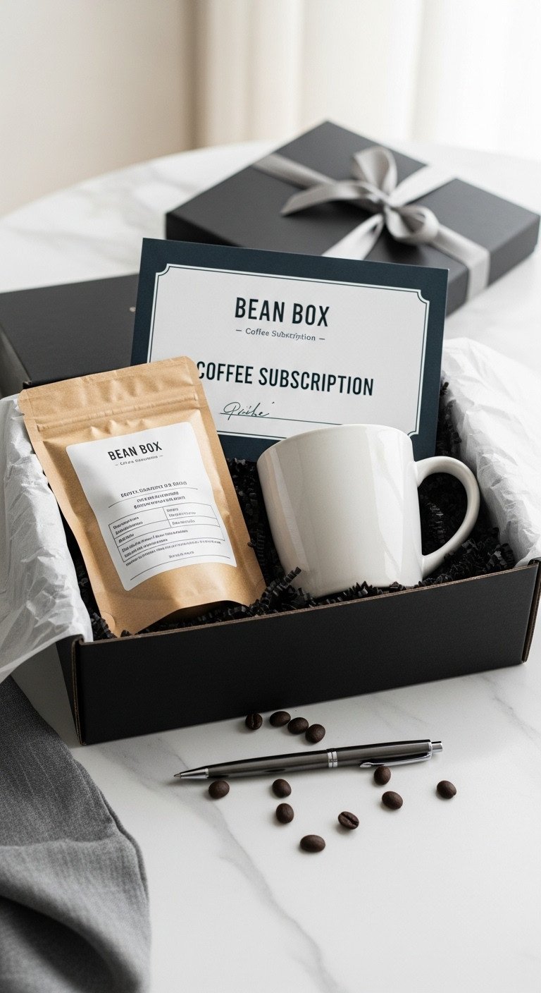 Coffee subscription gift basket for dad with Bean Box gift certificate coffee mug and sample beans in a premium gift box