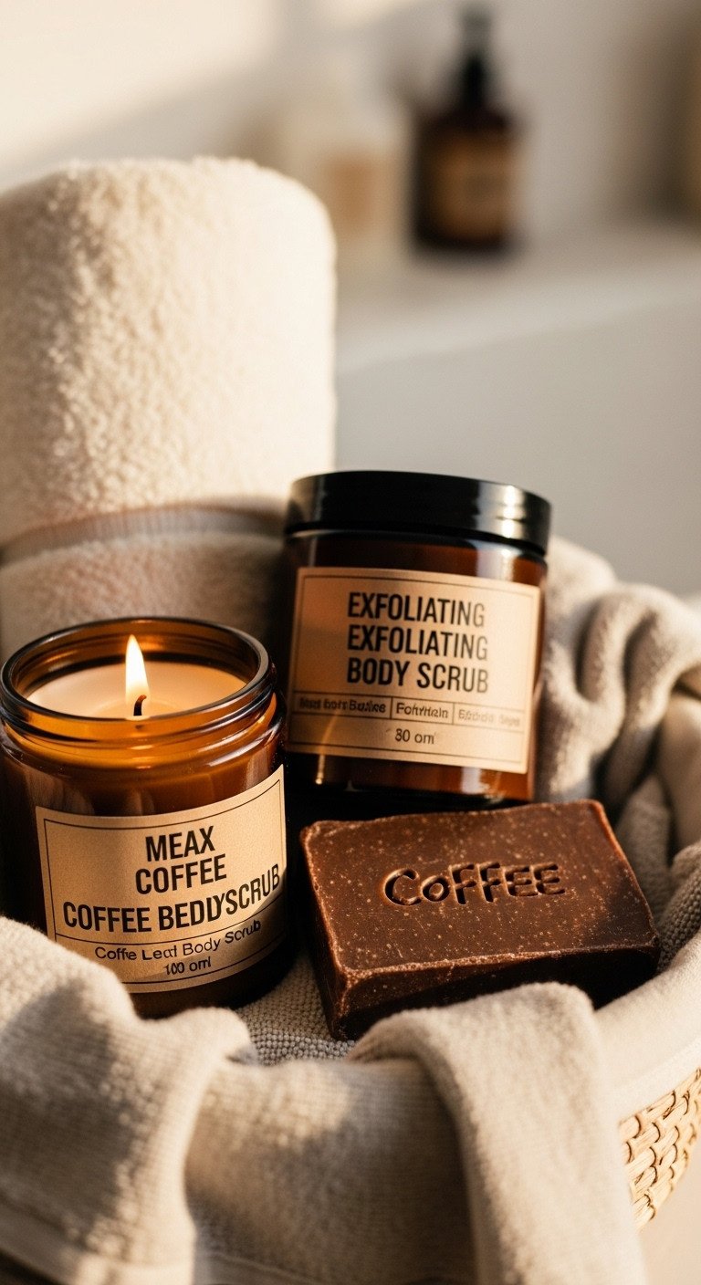 Coffee themed relaxation birthday gift basket with coffee candle body scrub soap and plush blanket in a woven basket