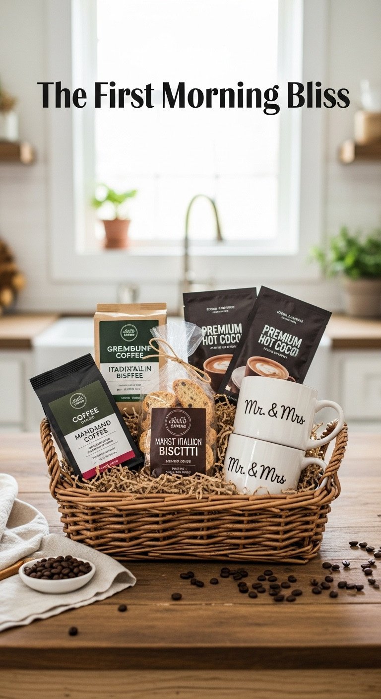 Coffee wedding gift basket with gourmet coffee biscotti hot cocoa and Mr Mrs mugs on a rustic table in a blurred kitchen