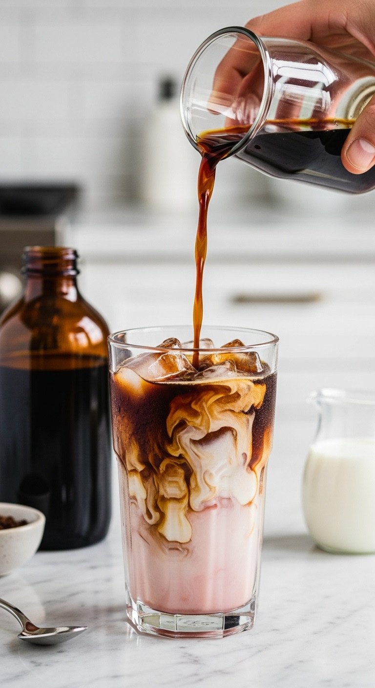 The Ultimate Mason Jar Cold Brew Guide To Avoid Mistakes 13 Cold brew concentrate poured into a tall glass with ice, followed by a swirl of milk on a marble counter.