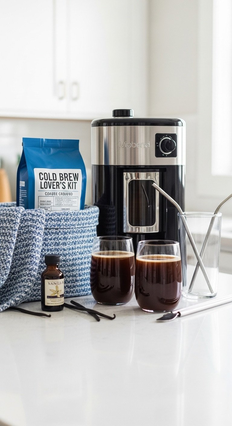Cold brew lover kit with cold brew maker coarse ground coffee and glass tumblers on a kitchen countertop