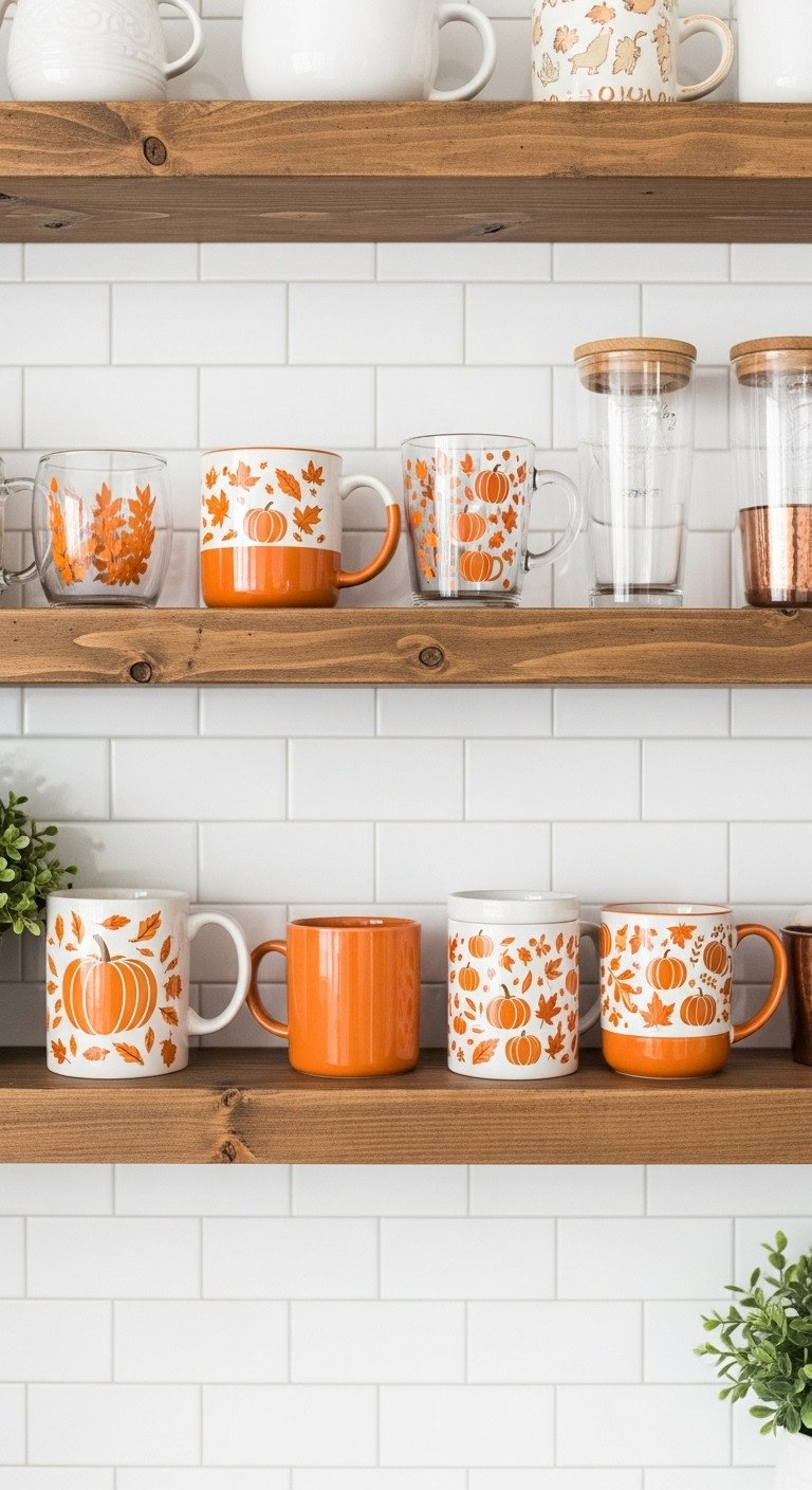 13 Cozy Pumpkin Coffee Aesthetic Ideas for Fall Vibes 7 Collection of aesthetic fall themed coffee mugs and glass cups on open wooden shelving with plants and copper accents