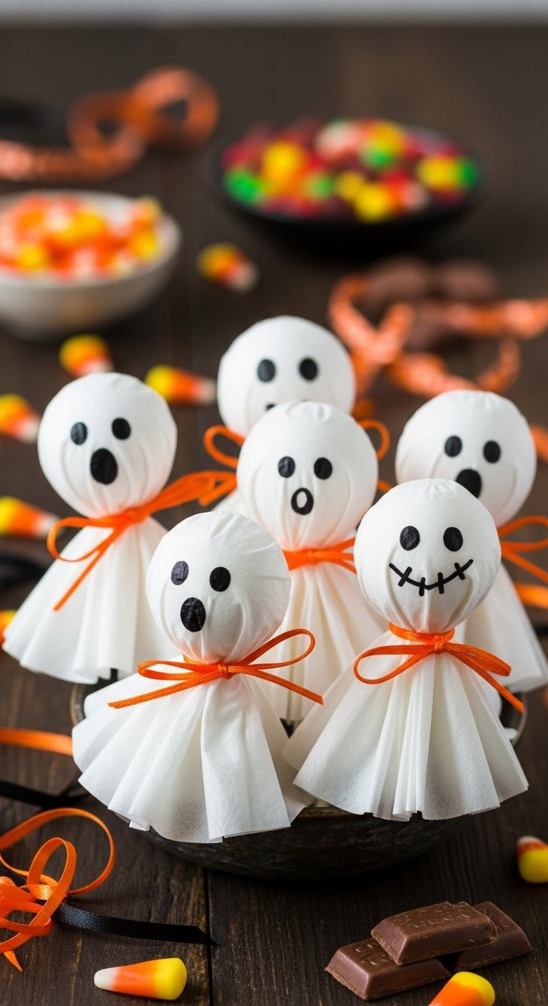 Collection of charming coffee filter lollipop ghosts with hand-drawn faces on a dark rustic wooden table with Halloween candy