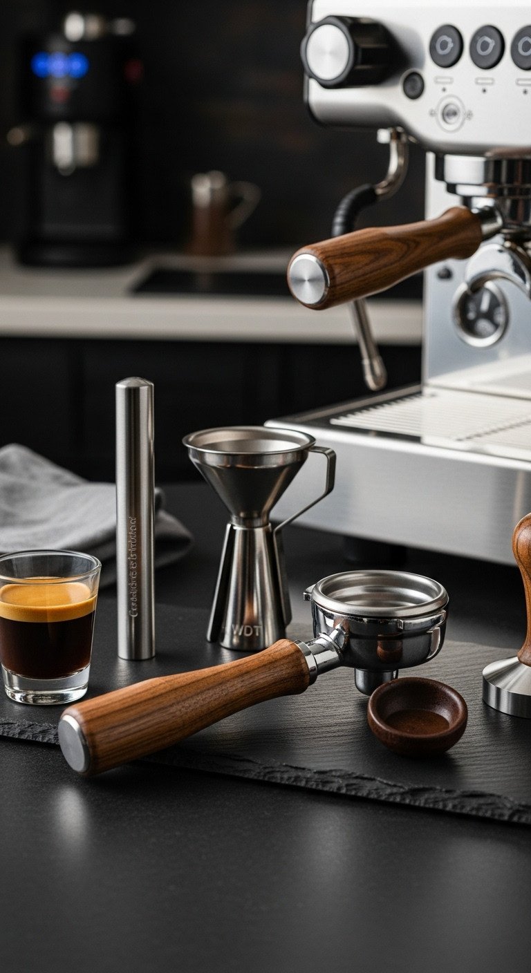 Collection of high end barista tools including wooden handled naked portafilter espresso distribution tool dosing funnel and calibrated tamper